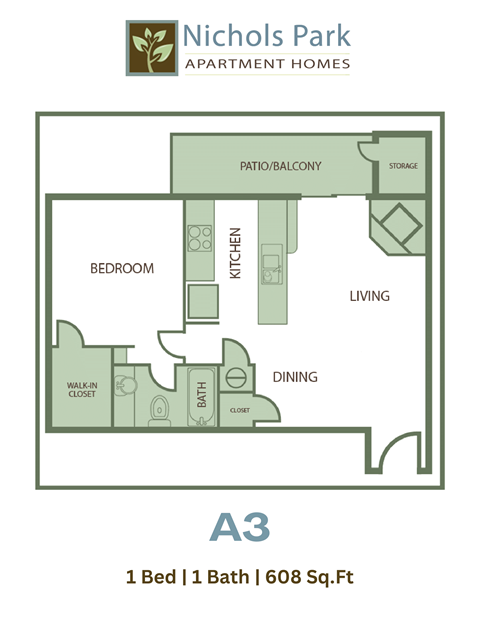 A floor plan for a 1 bedroom apartment.